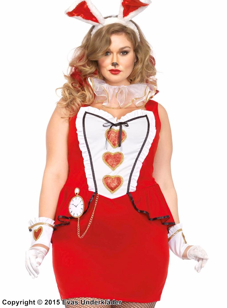 Female White Rabbit from Alice in Wonderland, costume dress, ruffles, hearts, XL to 4XL